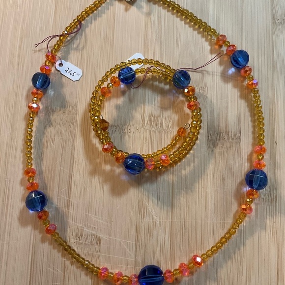 Hand Crafted Vibrant Beaded Crystal Necklace and Bracelet Set Blue Orange Yellow - Picture 2 of 8